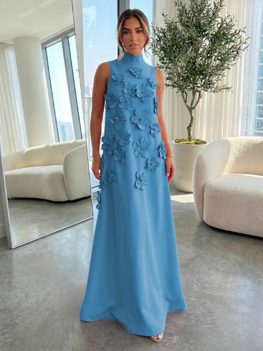 A Line High Neck Sleeveless Floor Length Stretch Crepe Dress With 3D Flowers